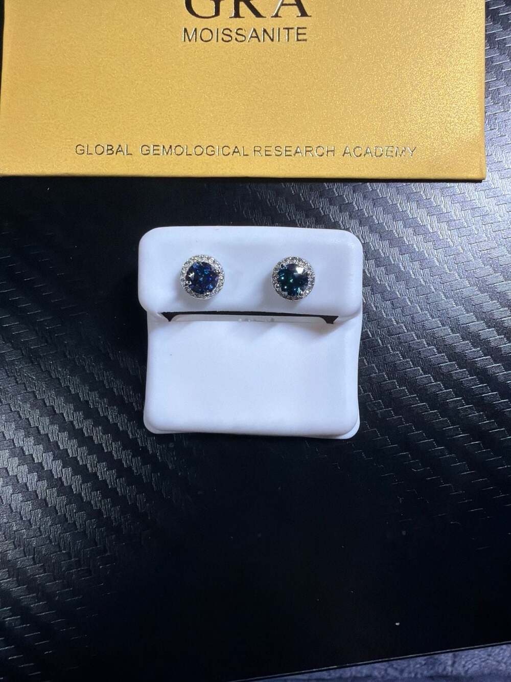 GRA Certified 1.22ct Blue Sapphire Moissanite Halo Stud Earrings